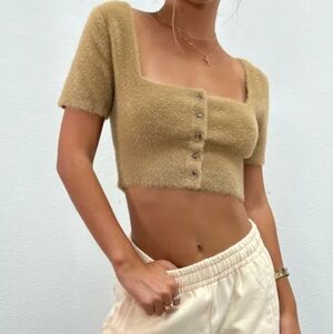 Salty Luxe Fuzz Knit Short-Sleeve Crop Top  Mushroom - Size Medium